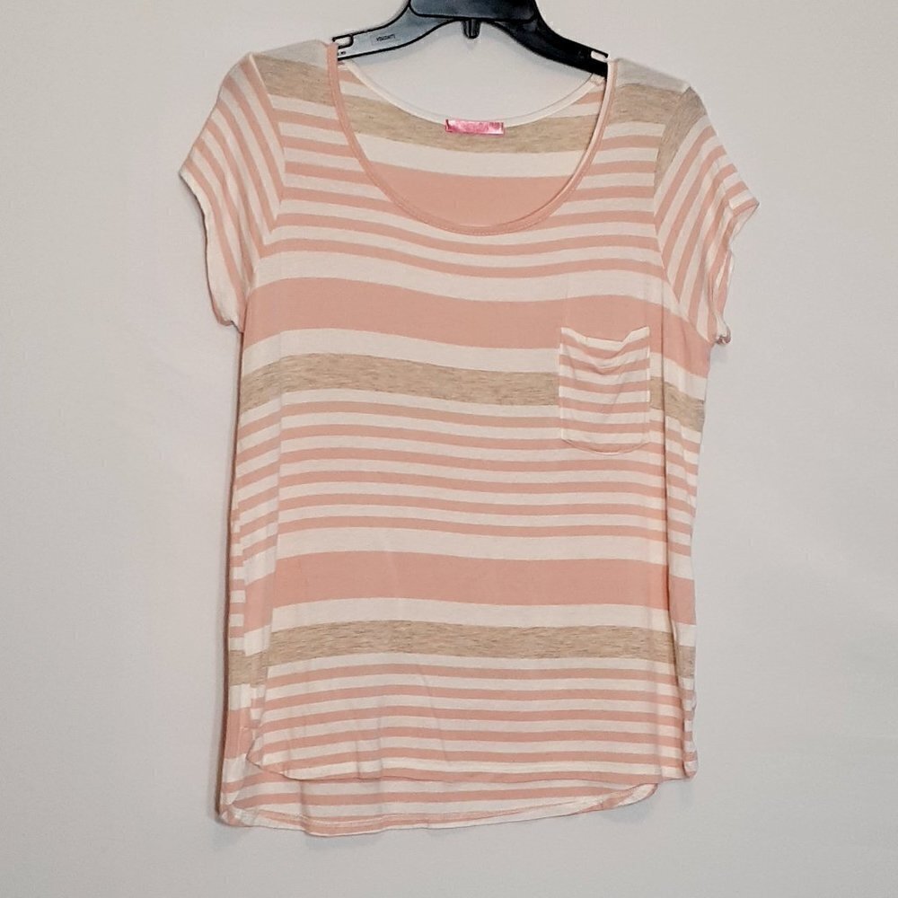 Social TEEN Pink Striped Thin Knit Top; Short Sleeves; Size Large